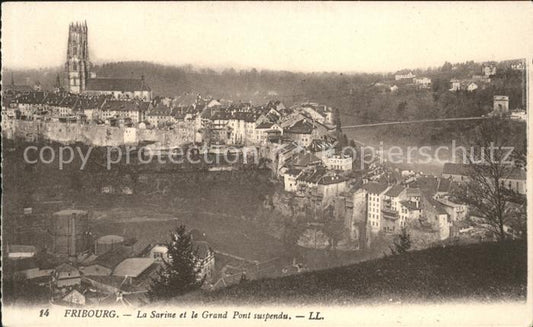 11757352 Fribourg FR La Sarine et le Grand Pont suspendu La Cathédrale Fribourg