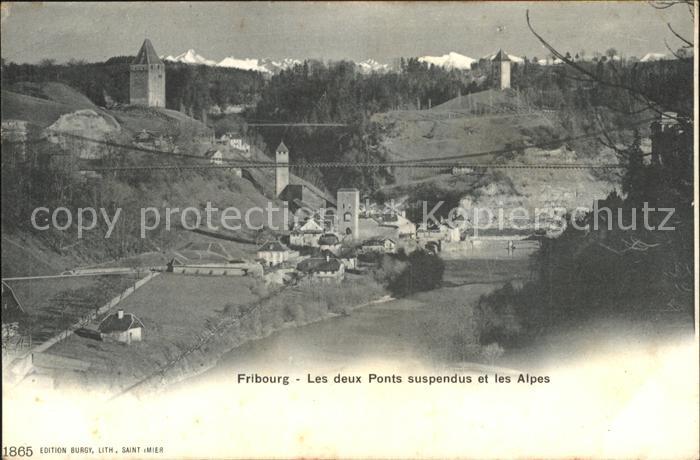 11757375 Fribourg FR Les deux Ponts suspendus et les Alpes Fribourg