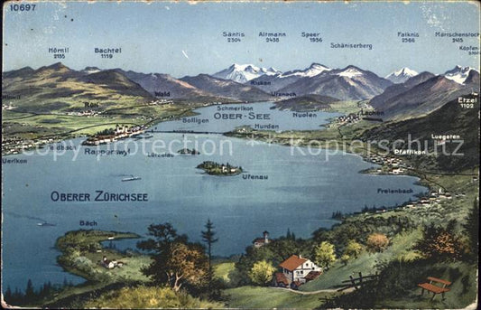 11853370 Lac de Zurich et environs Carte panoramique du lac de Zurich