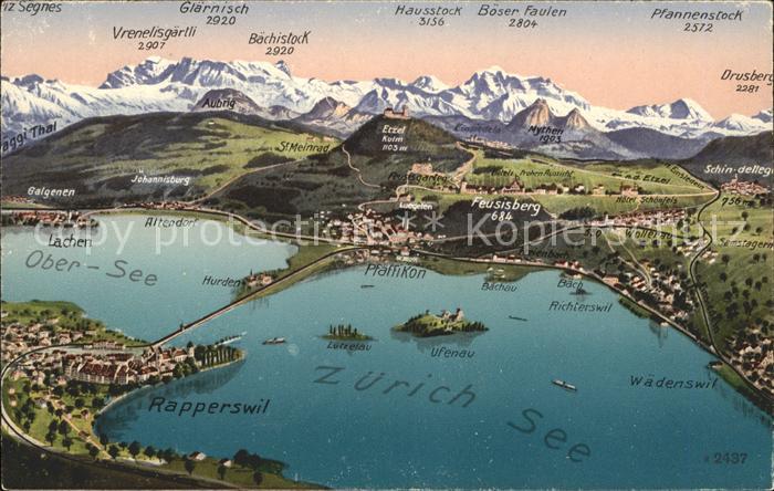 11853416 Lac de Zurich avec carte panoramique Obersee du lac de Zurich