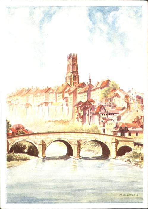 11856181 Fribourg FR Vue ville avec pont Carte d'artiste Fribourg