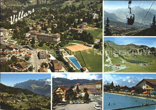 11889633 Villars Chesieres Fliegeraufnahme Seilbahn Panorama Dorfpartie Schwimmb