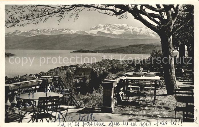 12012592 Rueschlikon Hôtel Kurhaus Belvoir Terrasse avec jardin Lac de Zurich Vue panoramique sur les Alpes