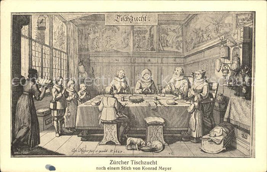 12012681 Zuerich Zuercher élevage de table d'après une gravure de Konrad Meyer carte d'artiste