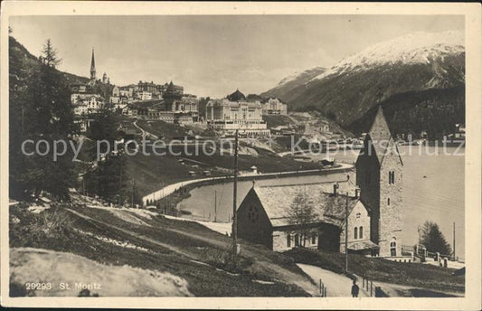 12032988 St Moritz GR Bord du lac avec église de Saint-Moritz