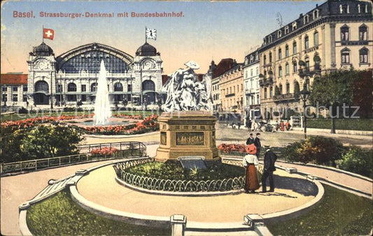 12041711 Bâle BS Strasbourg Monument avec polices du drapeau suisse de la Gare fédérale