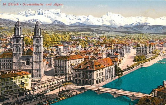 13232144 Zuerich ZH Grossmuenster mit den Alpen Zuerich ZH