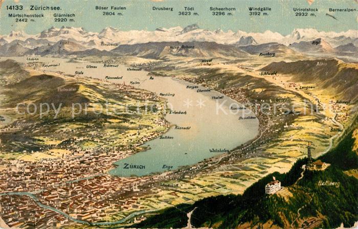 13232145 Zuerich ZH Carte panoramique avec le lac de Zuerich Zuerich ZH