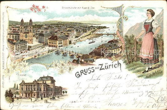 11706776 Zuerich ZH Grossmuenster mit Alpen See Theater  Zuerich ZH