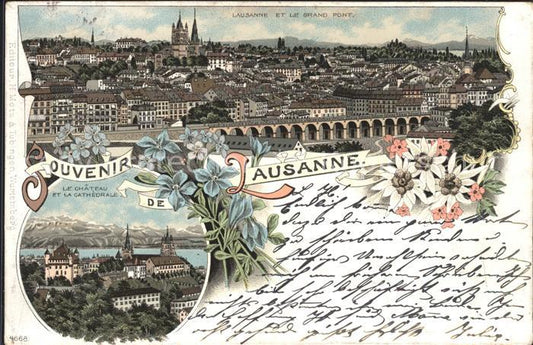 11943343 Lausanne VD Grand Pont Le Château et la Cathédrale Litho Lausanne VD