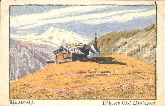 11945194 Carte d'artiste de l'église de Riederalp Lith de l'UW Zuericher Riederalp