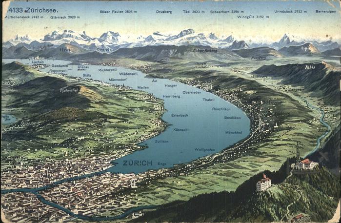 11377975 Zuerich uebersichtskarte Zuerichsee und Umgebung Alpenpanorama Zuerich