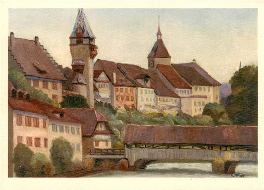 13887156 Bremgarten AG Gedeckte Bruecke mit Kirche Kuenstlerkarte Bremgarten AG