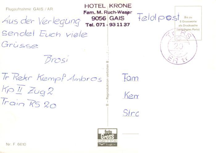 13898288 Gais AR Fliegeraufnahme mit Hotel Krone Feldpost Gais AR