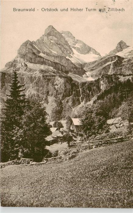 13920672 Braunwald_GL Ortstock und Hoher Turm mit Zillibach