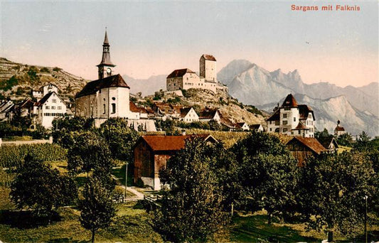 13920691 Sargans_SG Ansicht mit Kirche Burg Blick gegen Falknis Stempel Pferde-D