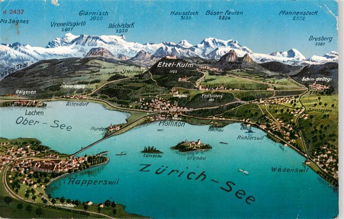 13926417 Zuerichsee_ZH Carte panoramique avec Ober See et Rapperswil