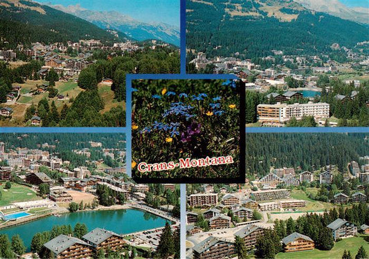 13947844 Crans-Montana_VS Panorama Teilansichten Hotels See Alpenflora