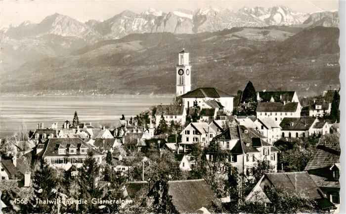 13949465 Thalwil_Thalweil_ZH Ansicht mit Kirche Blick gegen Glarner Alpen