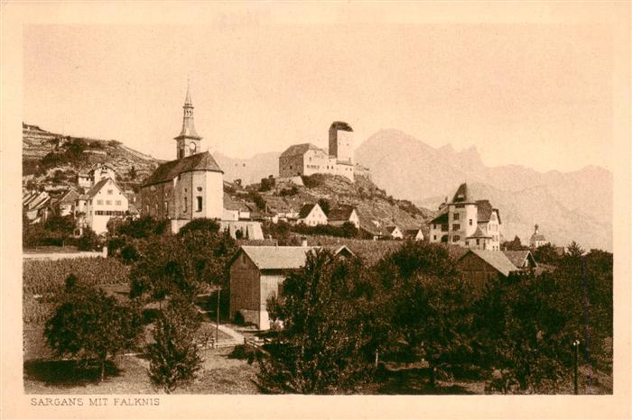 13950017 Sargans_SG Ortsansicht Kirche Schloss Blick gegen Falknis Raetikon