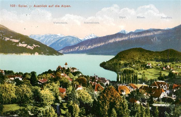 13960722 SPIEZ_Thunersee_BE Ausblick auf die Alpen mit Wetterhorn Schreckhorn Ei