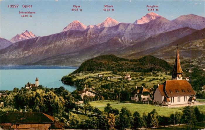 13960729 SPIEZ_Thunersee_BE mit Kirche Schloss Schreckhorn Eiger Moench und Jung